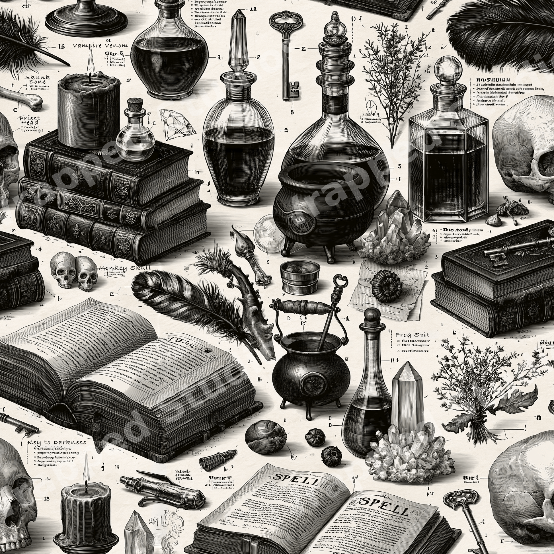 Vintage gothic apothecary pattern with skulls, spellbooks, potions, and crystals in a black and white sketch style.