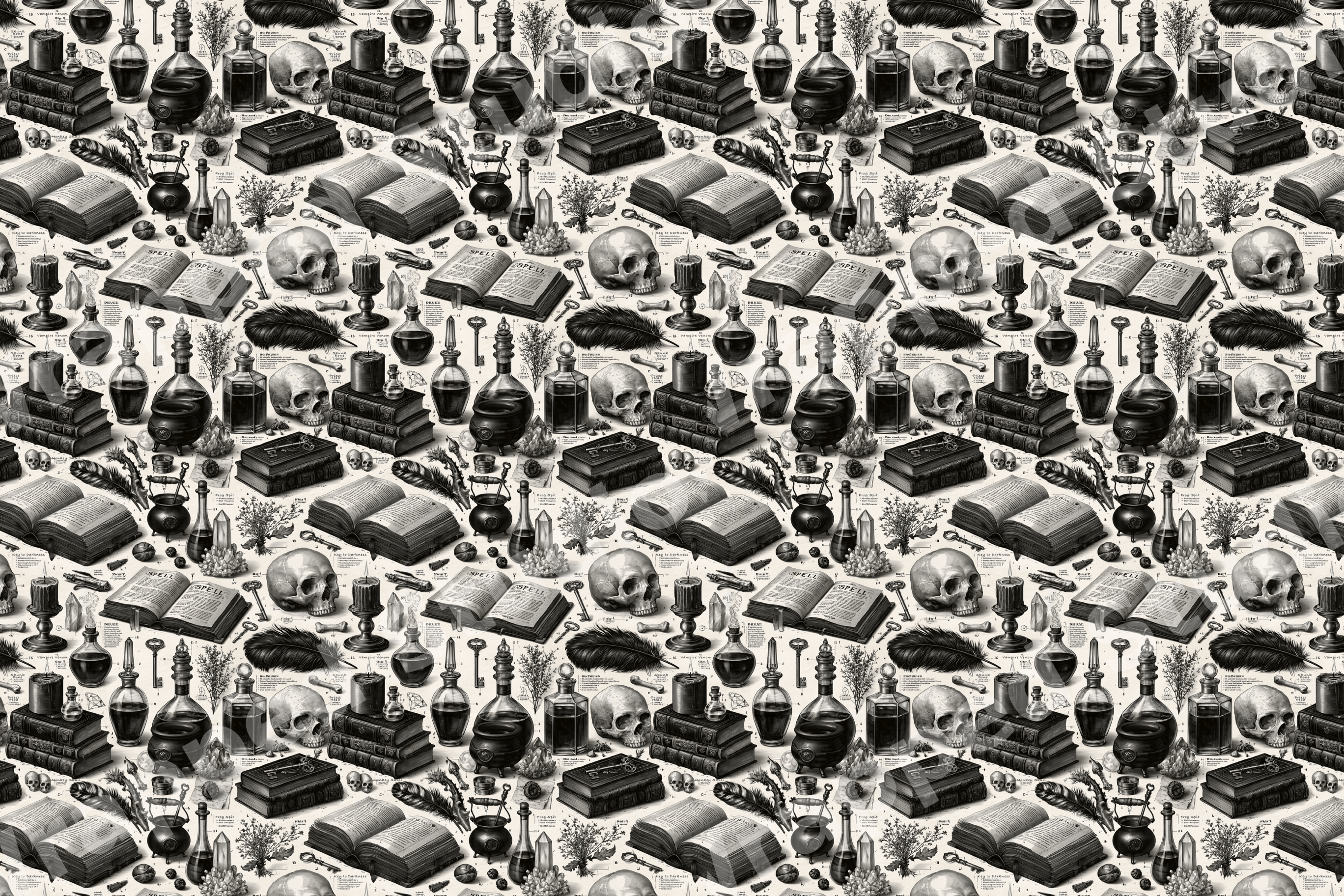 Gothic vintage pattern featuring skulls, spellbooks, and potion bottles in a black and white sketch style.