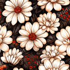 Vintage botanical floral pattern with cream daisies and red berries on a dark background.