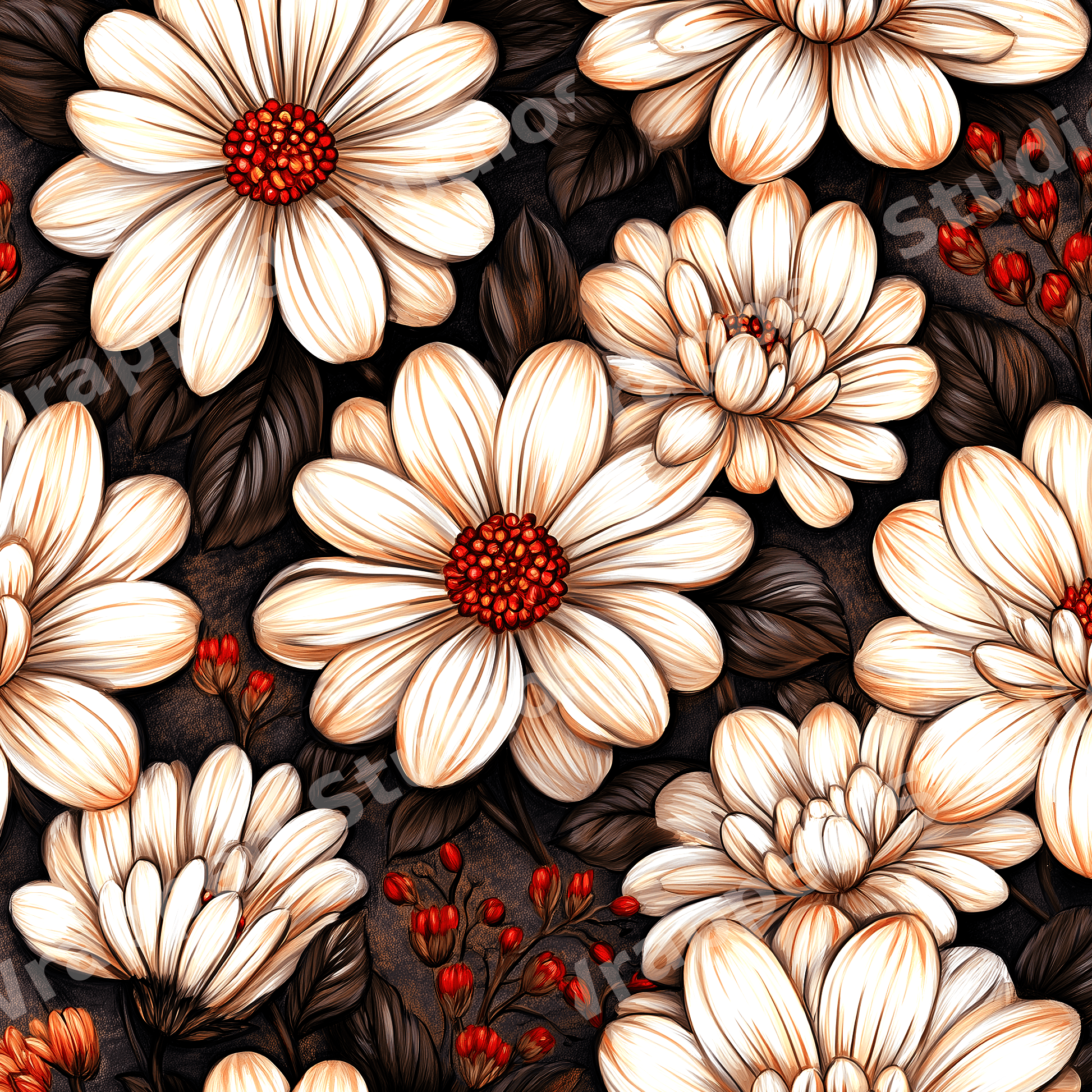Vintage botanical floral pattern with cream daisies and red berries on a dark background.