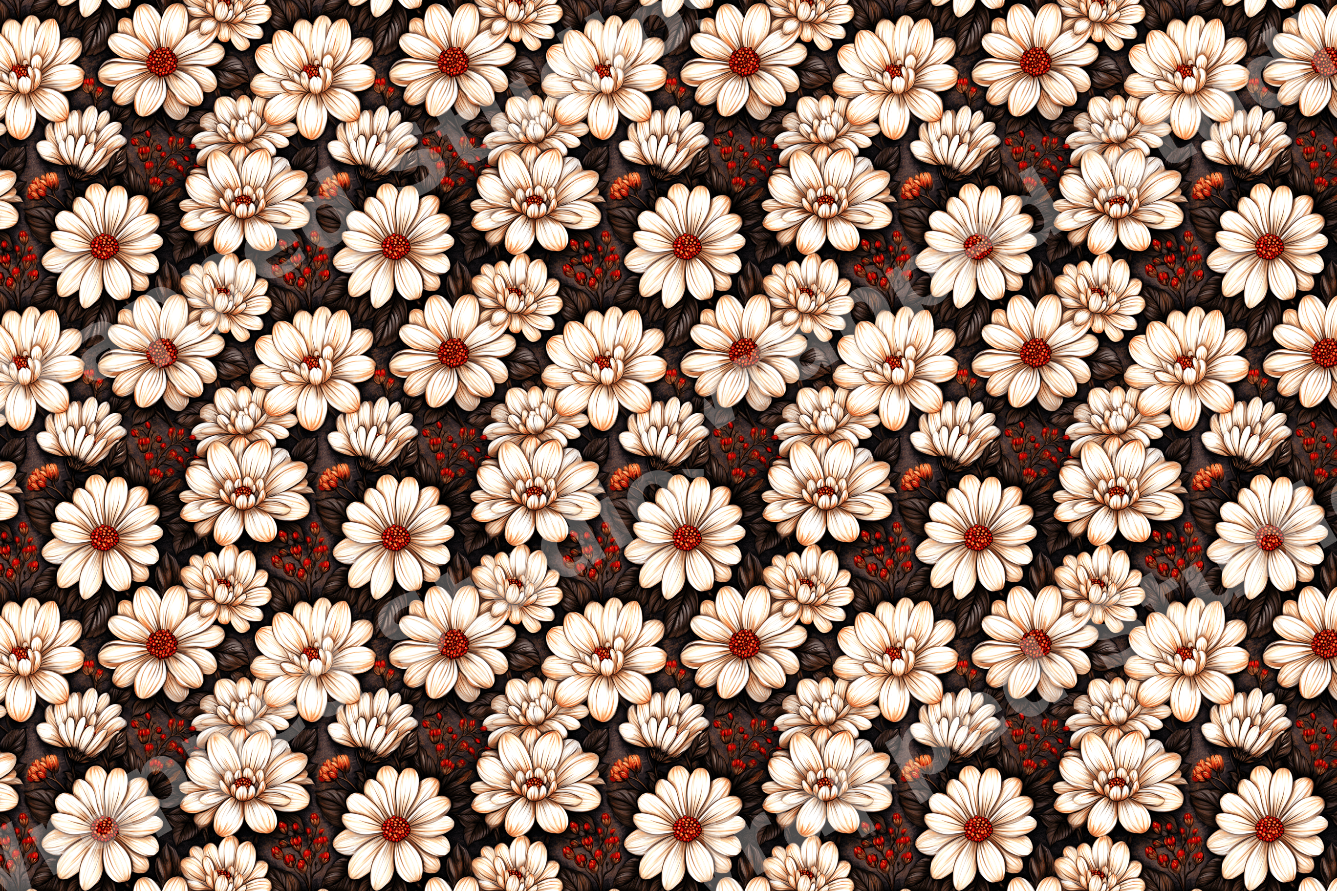 Elegant vintage botanical floral pattern featuring cream daisies and red berries on a dark background.