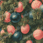 Retro Christmas pattern with green pine branches, shiny blue ornaments, and pink vintage holiday baubles.