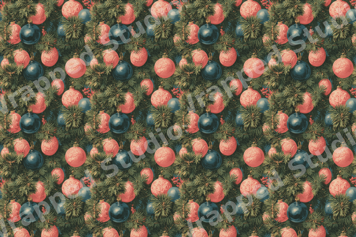 Vintage Christmas pattern with pink and blue ornaments nestled in botanical pine branches.