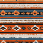 Rustic Southwestern geometric pattern featuring tribal diamonds and stripes in terracotta, slate blue, and black.