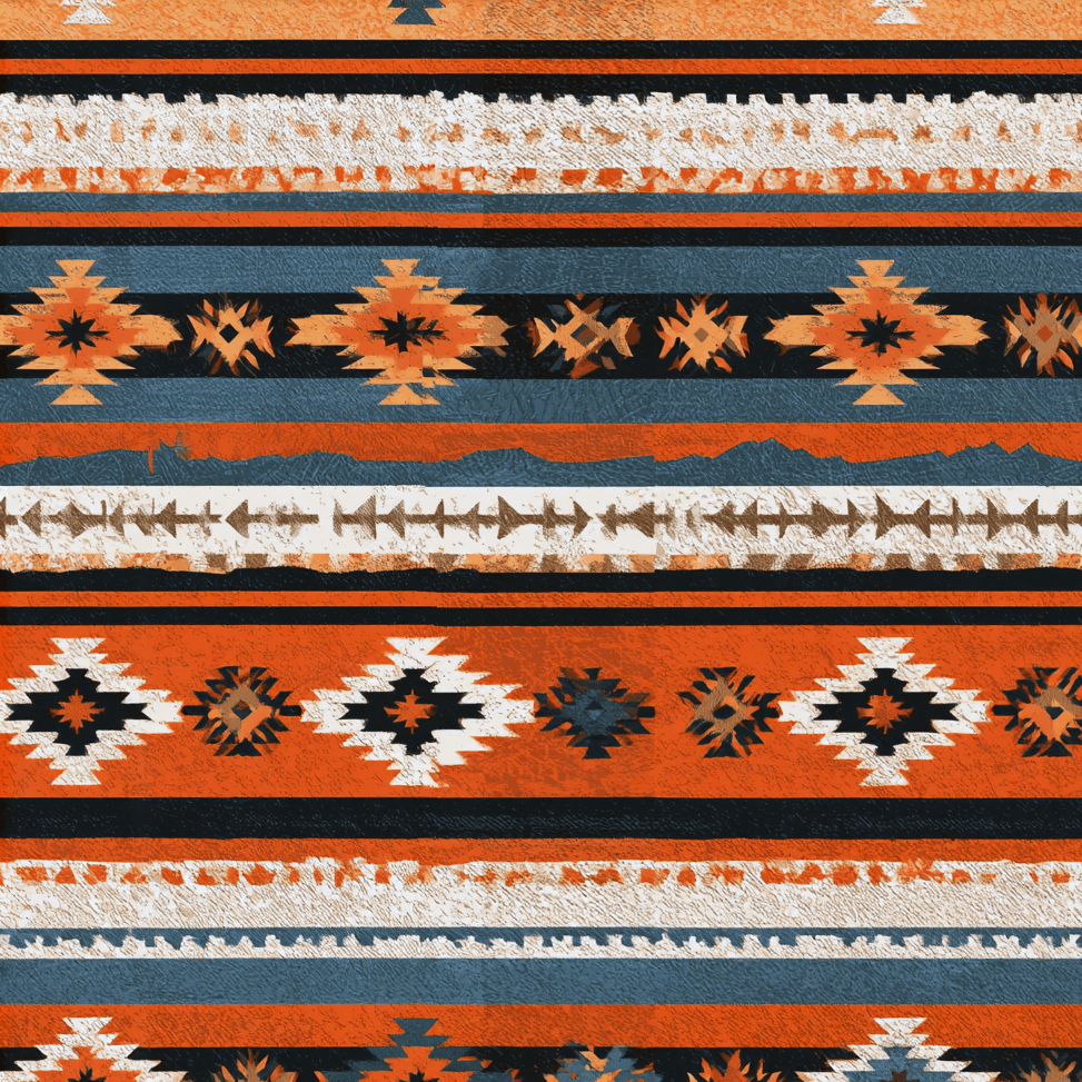 Rustic Southwestern geometric pattern featuring tribal diamonds and stripes in terracotta, slate blue, and black.