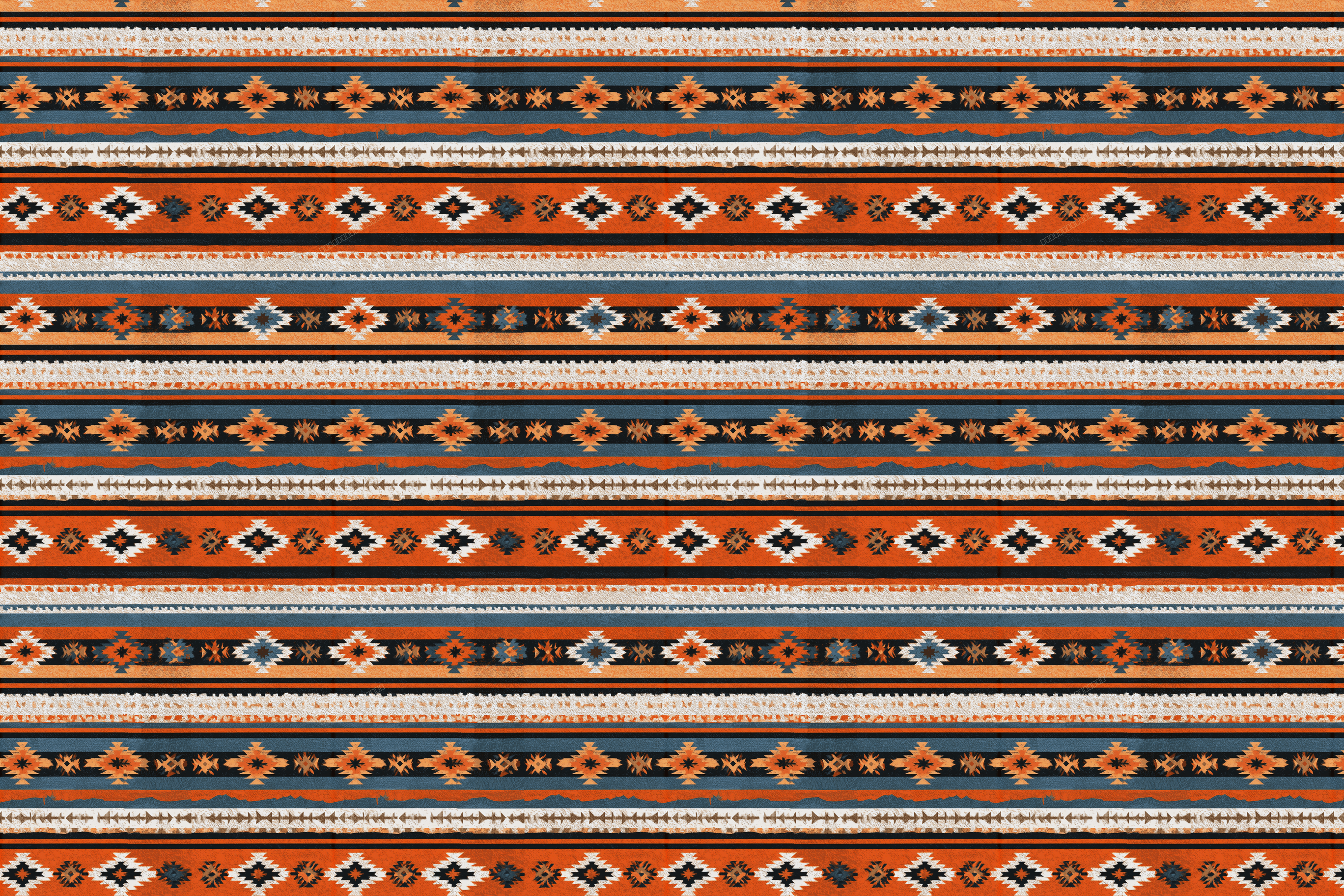 Rustic Southwestern geometric pattern featuring terracotta, blue, and cream tribal stripes.