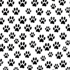 Seamless black and white paw print pattern featuring playful scattered dog paws on a white background.