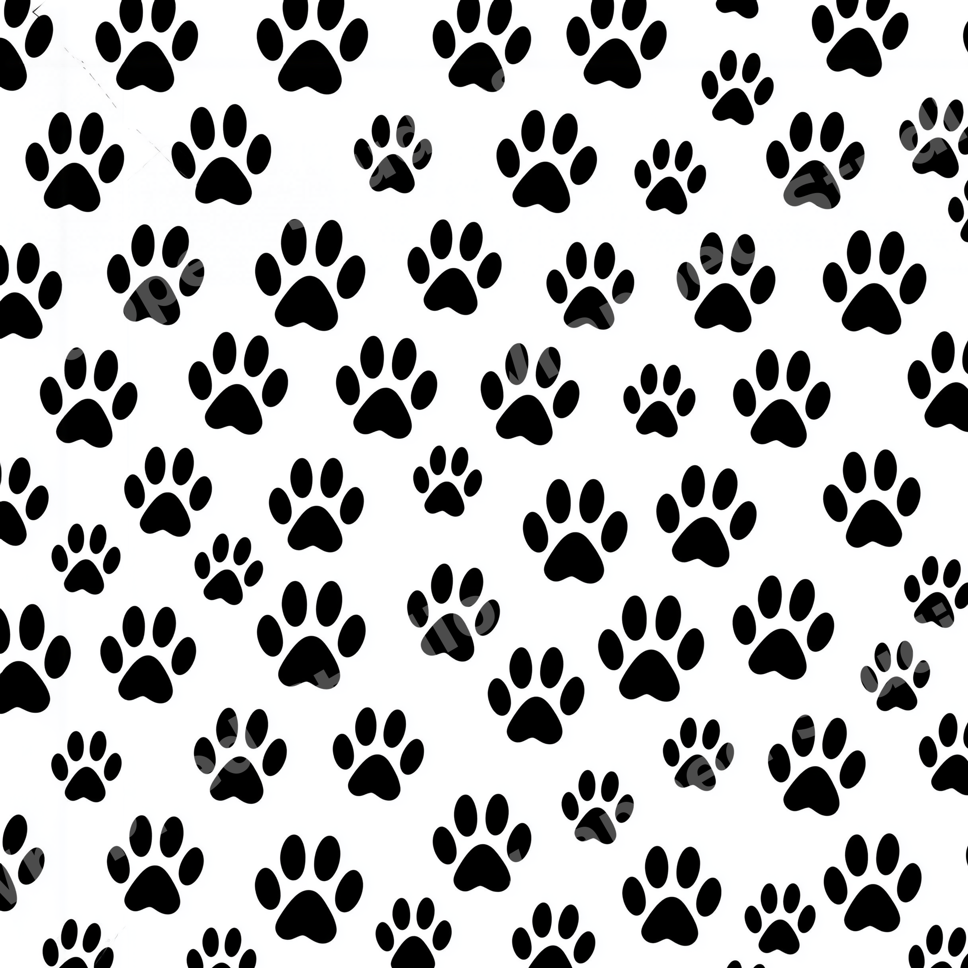 Seamless black and white paw print pattern featuring playful scattered dog paws on a white background.