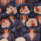 Vintage retro pattern of elegant women wearing large floral hats with popcorn, in navy blue and red.