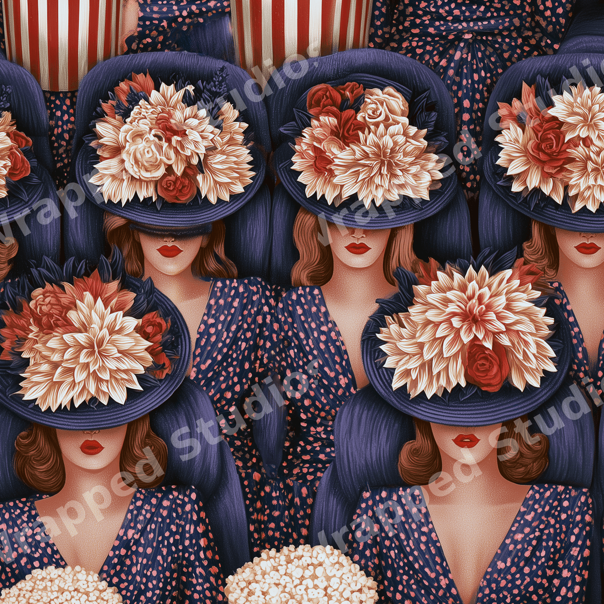 Vintage retro pattern of elegant women wearing large floral hats with popcorn, in navy blue and red.