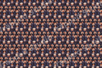 Retro novelty pattern featuring elegant women in floral hats holding popcorn on a navy blue background.