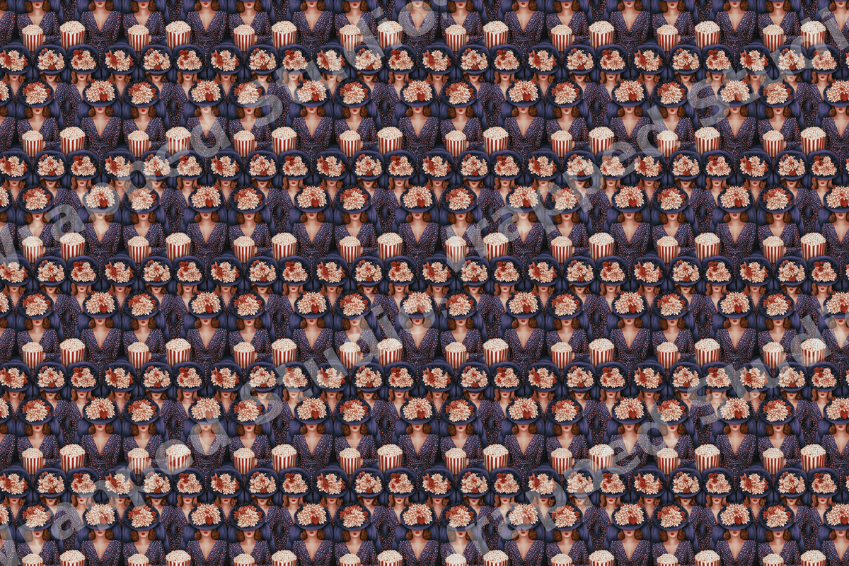 Retro novelty pattern featuring elegant women in floral hats holding popcorn on a navy blue background.
