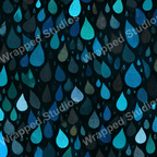 Seamless rain drop pattern design in shades of blue, teal, and black on a dark background.
