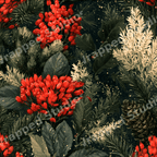 Vintage Christmas botanical pattern with red berries, pinecones, and evergreen foliage on a dark background.