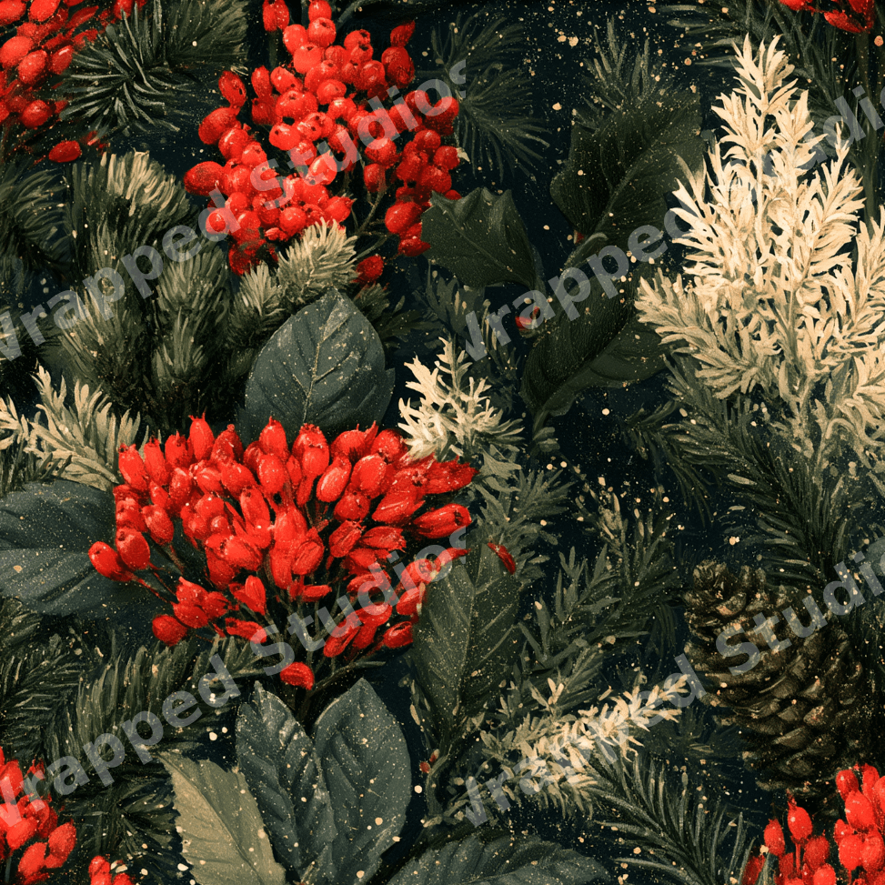 Vintage Christmas botanical pattern with red berries, pinecones, and evergreen foliage on a dark background.