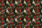 Vintage botanical holiday pattern with red berries, pine branches, and gold foliage on dark forest green.