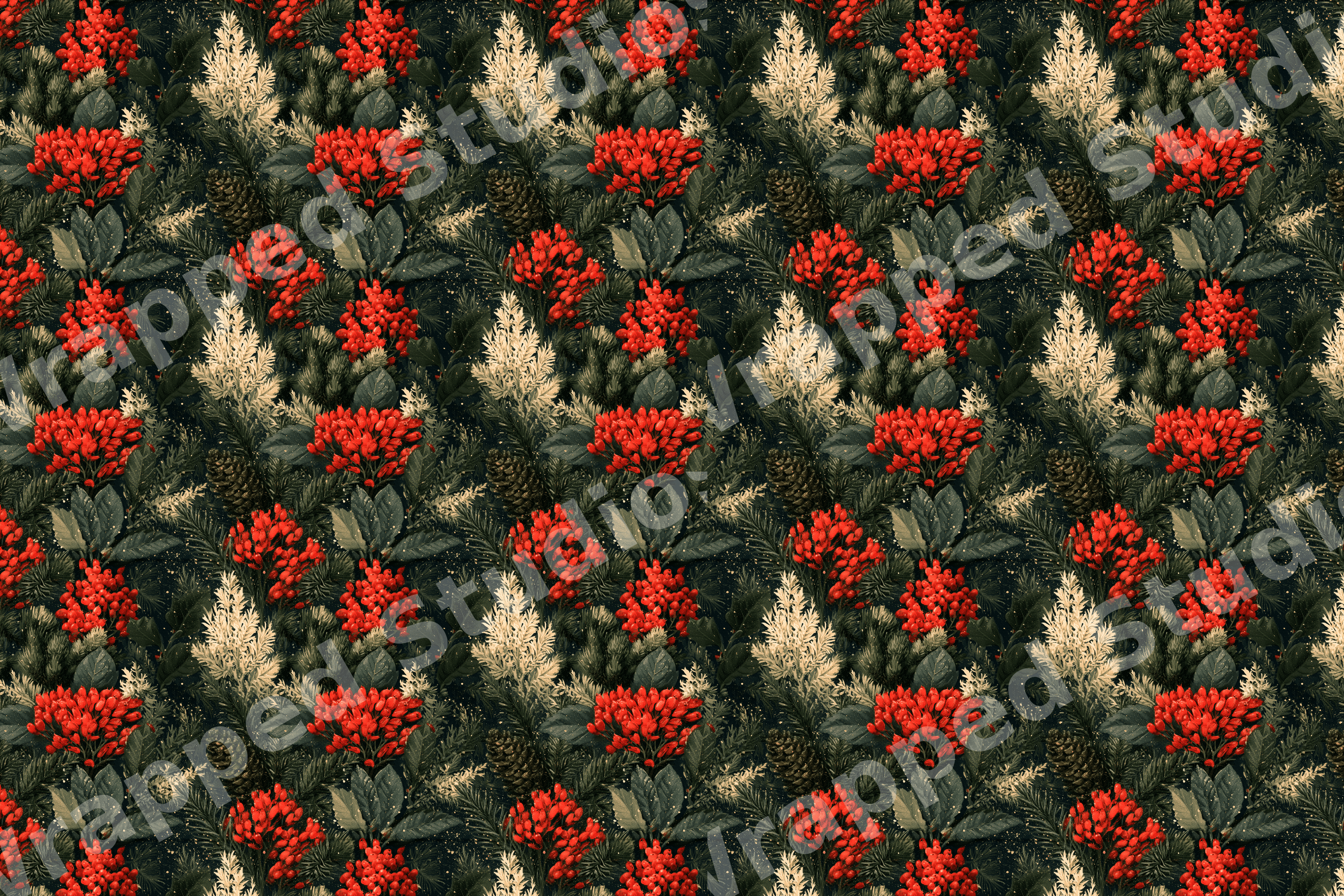 Vintage botanical holiday pattern with red berries, pine branches, and gold foliage on dark forest green.