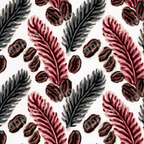 Watercolor botanical pattern with hand-painted burgundy and grey feathers and brown coffee beans.