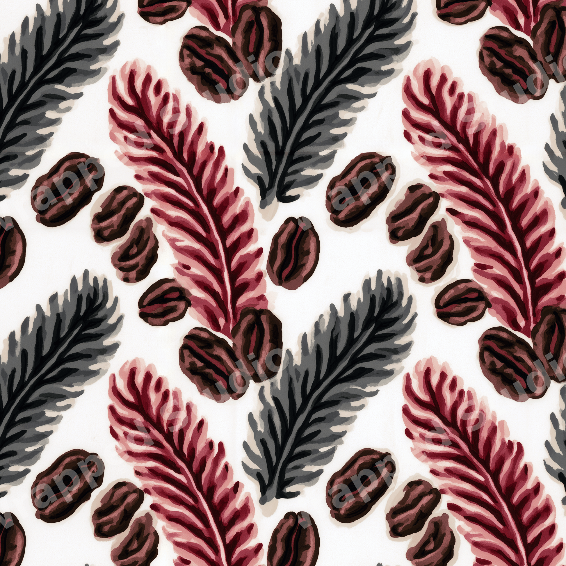 Watercolor botanical pattern with hand-painted burgundy and grey feathers and brown coffee beans.