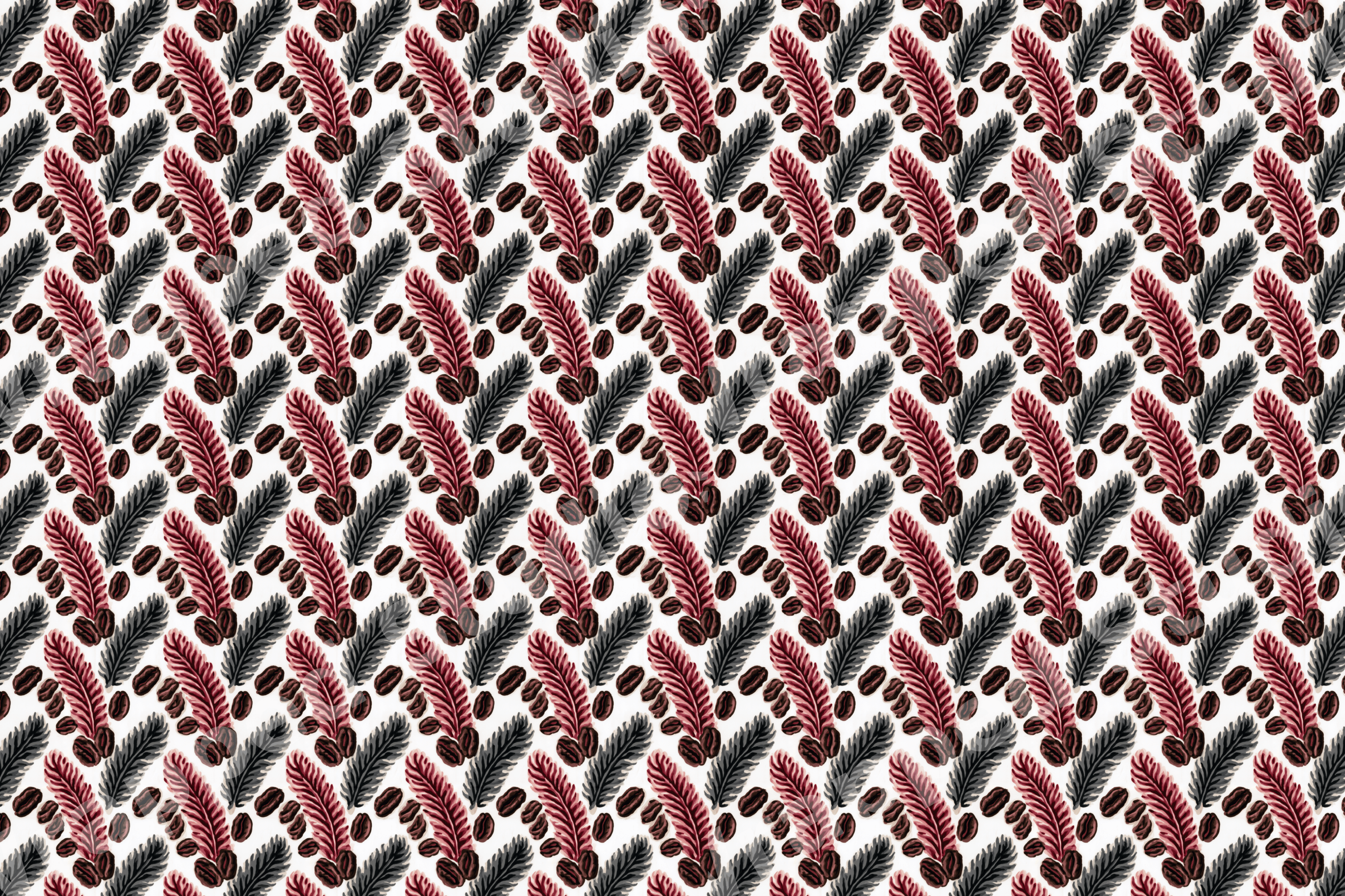 Elegant bohemian pattern featuring burgundy and grey feathers with coffee beans on a white background.