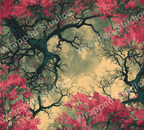 Elegant floral pattern with stylized trees and pink blossoms against a muted background.