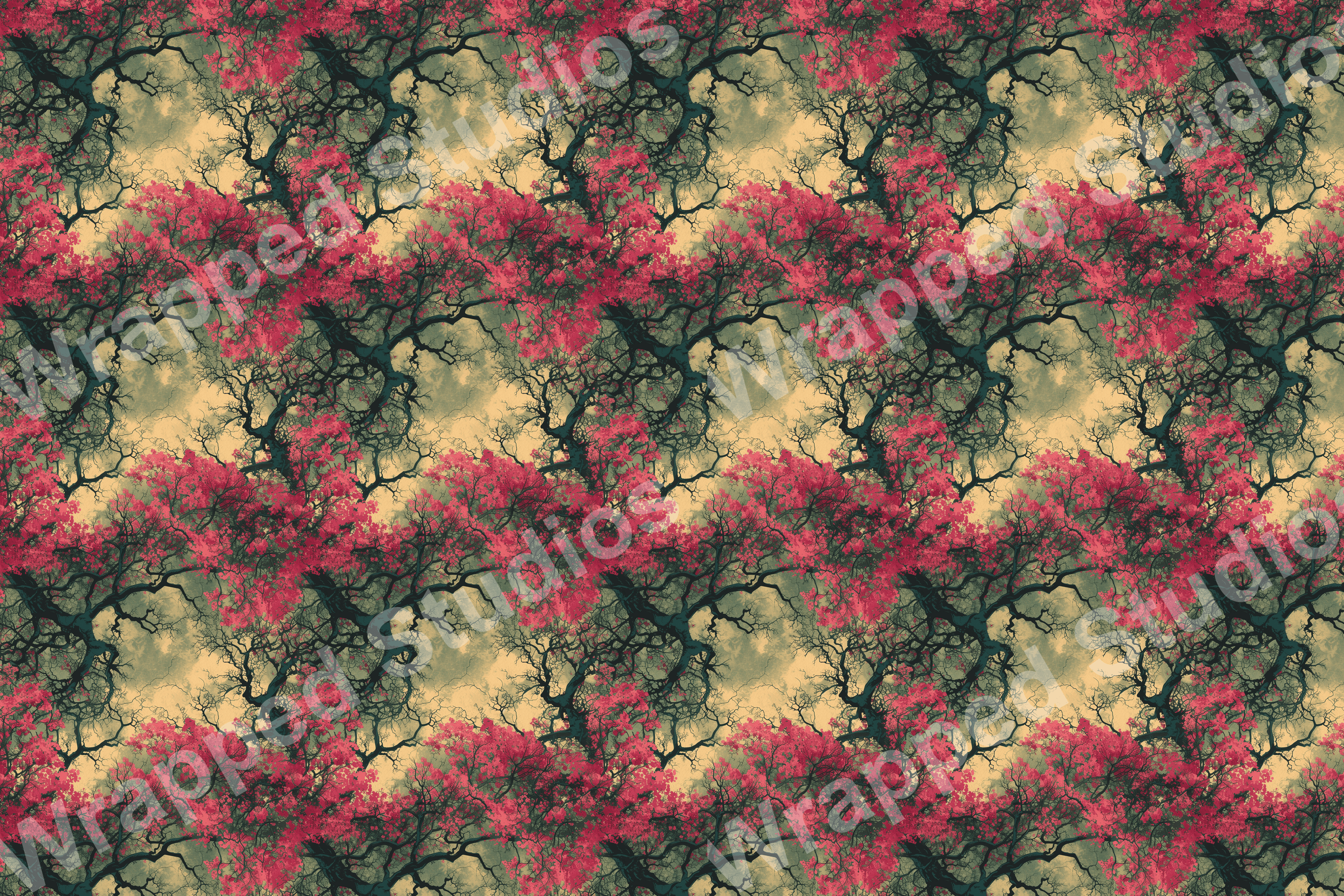 A vintage botanical design with a pink flowering tree pattern on a textured cream background.