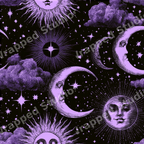 Vintage celestial pattern with purple suns, crescent moons, and stars on a black background.