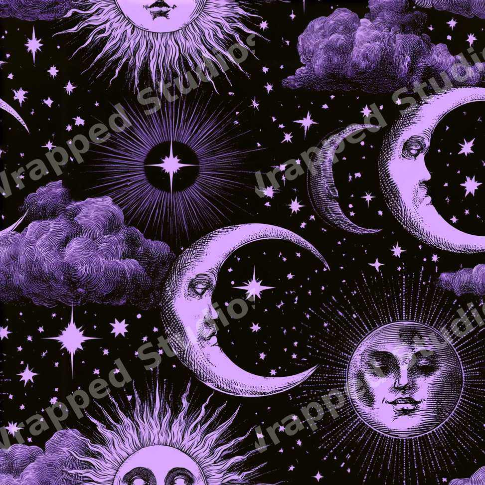 Vintage celestial pattern with purple suns, crescent moons, and stars on a black background.