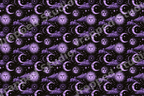 Mystical purple celestial pattern featuring vintage suns, crescent moons with faces, stars, and clouds.