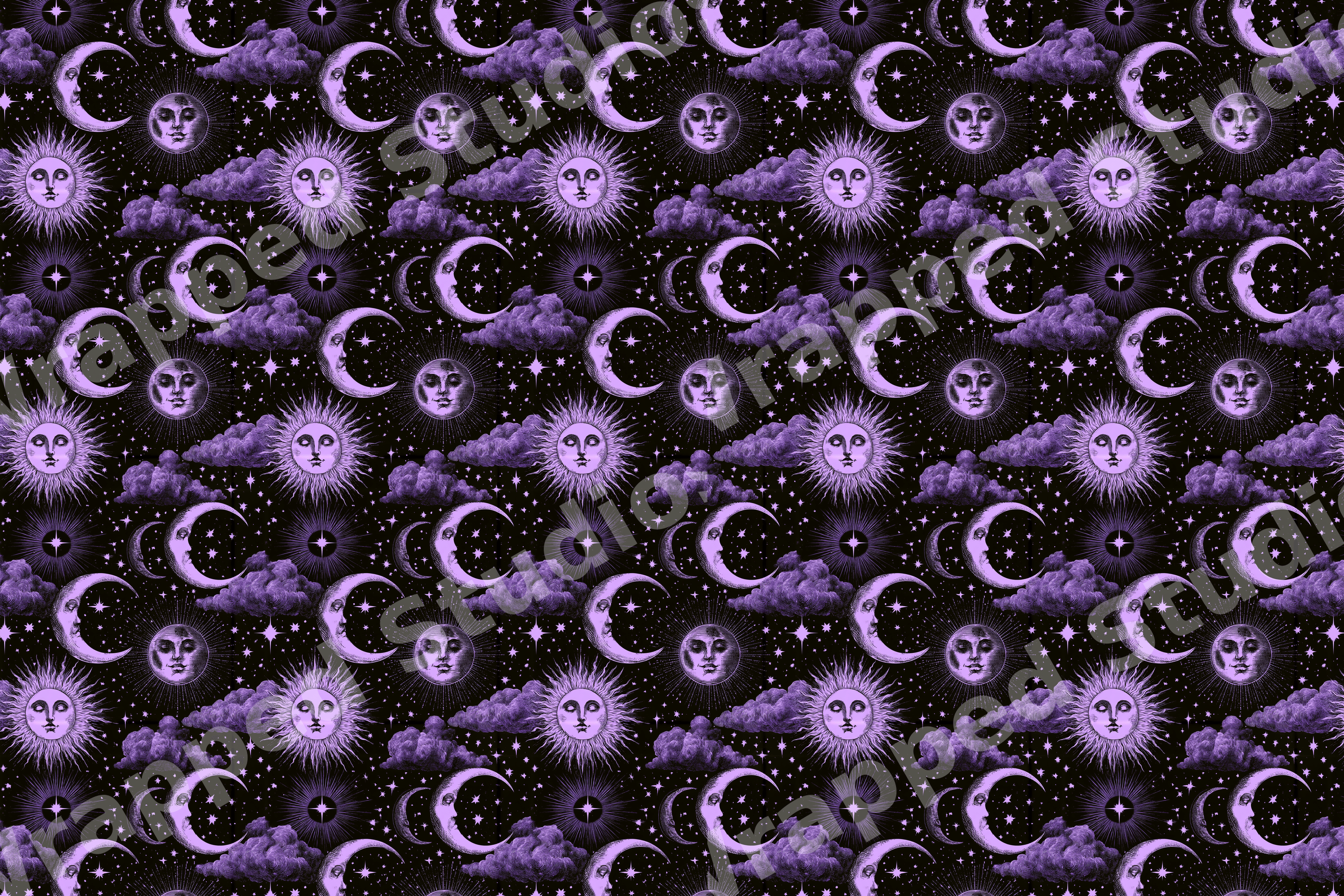 Mystical purple celestial pattern featuring vintage suns, crescent moons with faces, stars, and clouds.