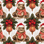 Vintage holiday pattern featuring whimsical frogs in Santa hats, holly, and red Christmas ornaments.