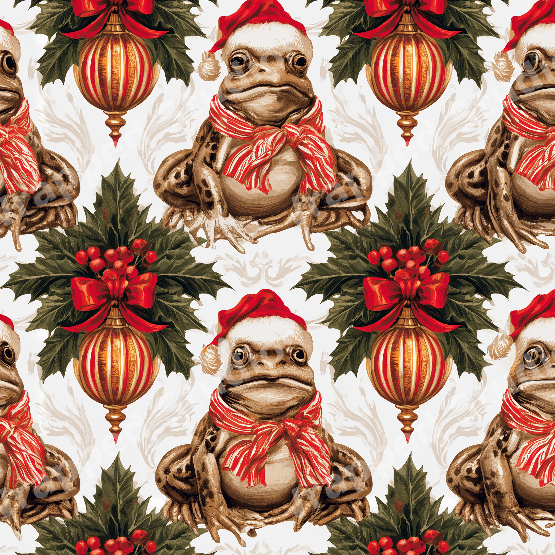 Vintage holiday pattern featuring whimsical frogs in Santa hats, holly, and red Christmas ornaments.