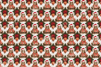 Whimsical vintage Christmas pattern with festive frogs in Santa hats, holly, and ornaments.