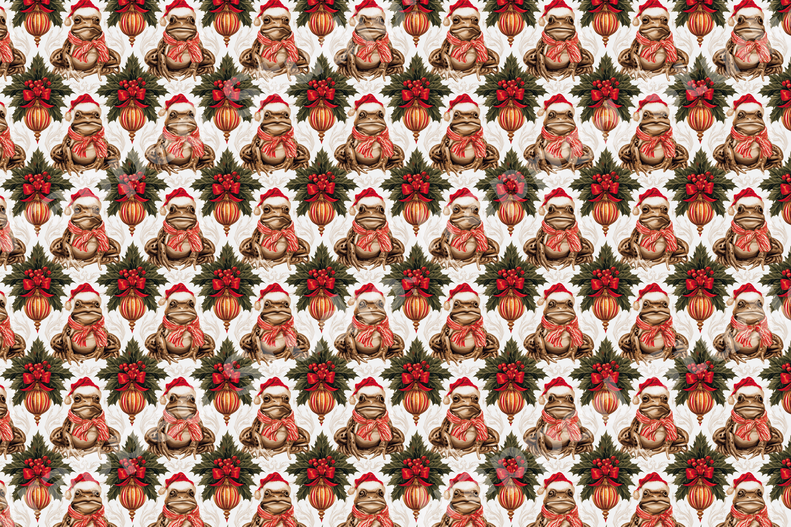 Whimsical vintage Christmas pattern with festive frogs in Santa hats, holly, and ornaments.