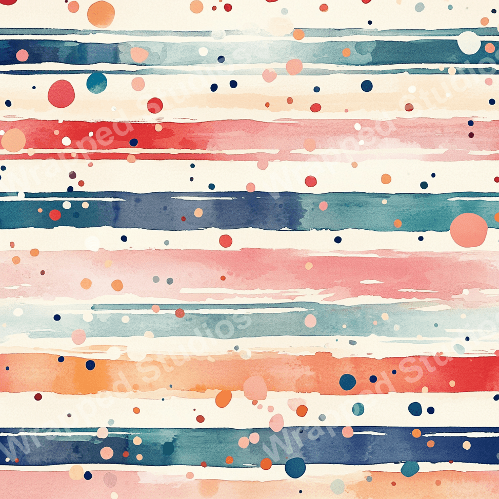 Striped watercolor pattern with red, blue, pink, and orange hues and playful polka dot accents.