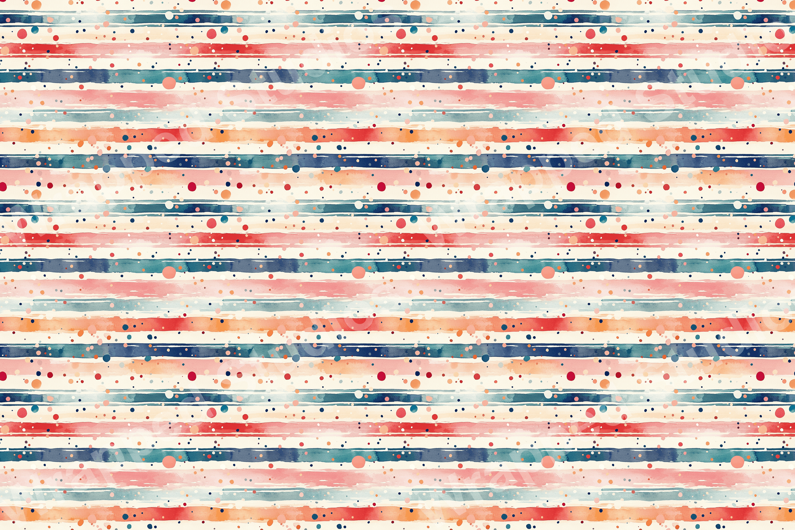 Watercolor stripe pattern with red, blue, and pink paint splatters; modern design.
