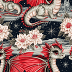 Seamless fantasy dragon pattern with red wings, white winter florals, and stars on a dark background.