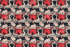 Whimsical fantasy dragon pattern with cute red-winged dragons and white flowers on a starry dark background.
