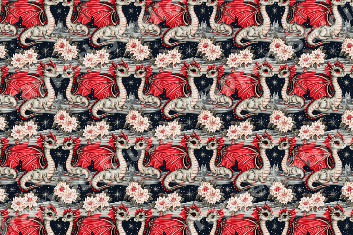 Whimsical fantasy dragon pattern with cute red-winged dragons and white flowers on a starry dark background.