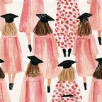 Feminine watercolor graduation pattern featuring graduates in pink gowns and black mortarboards.