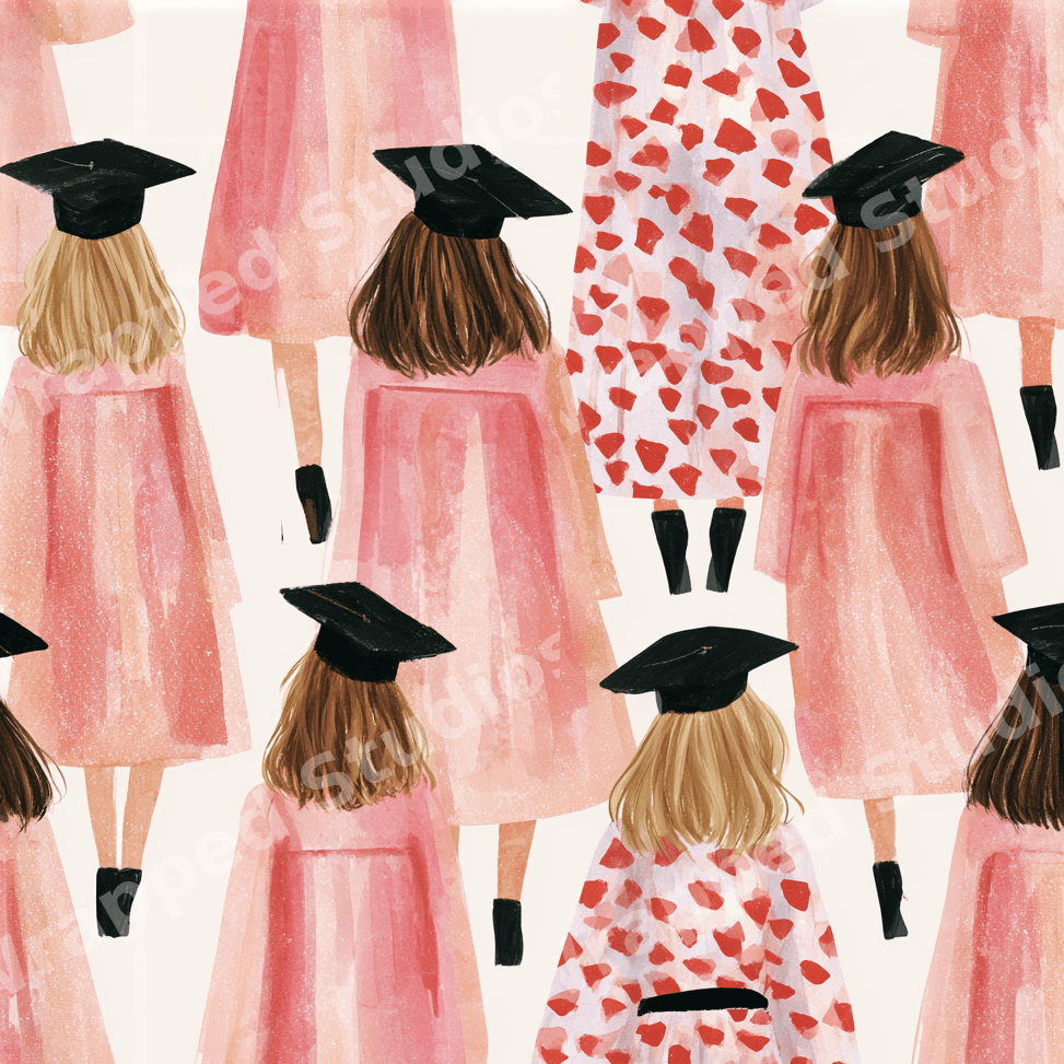 Feminine watercolor graduation pattern featuring graduates in pink gowns and black mortarboards.