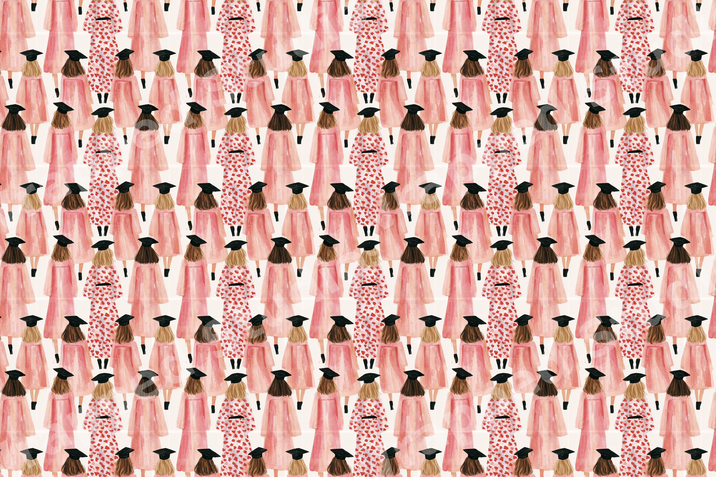 Watercolor graduation pattern featuring female graduates in pink gowns and black mortarboards.