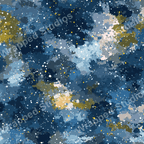Abstract pattern with mottled blue tones and scattered white and gold specks.
