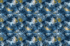 Abstract pattern with indigo, blue, gold, and white painterly splashes and dots.
