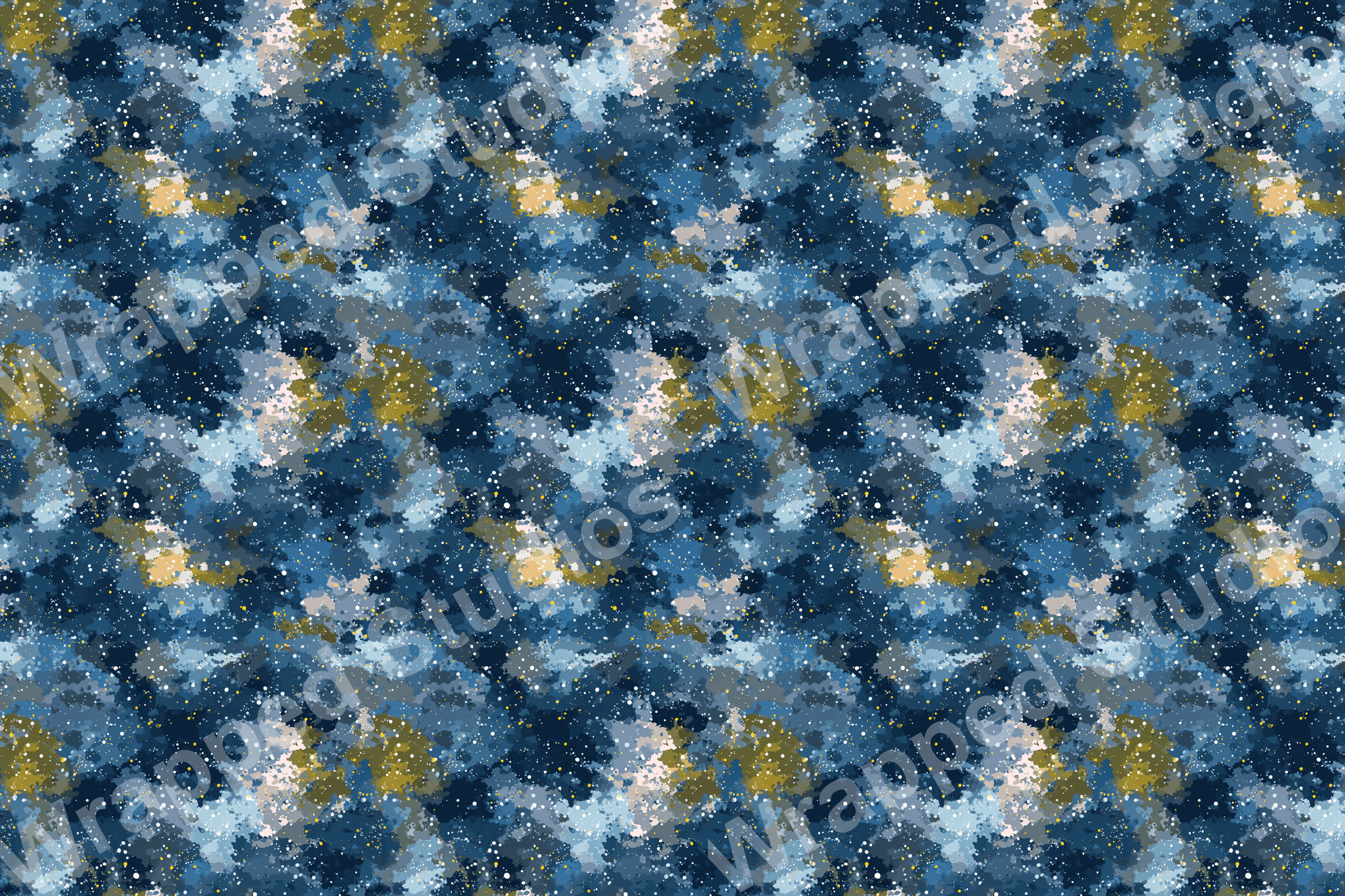 Abstract pattern with indigo, blue, gold, and white painterly splashes and dots.