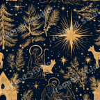 Vintage gold nativity pattern with celestial stars and pine branches on a dark navy background.