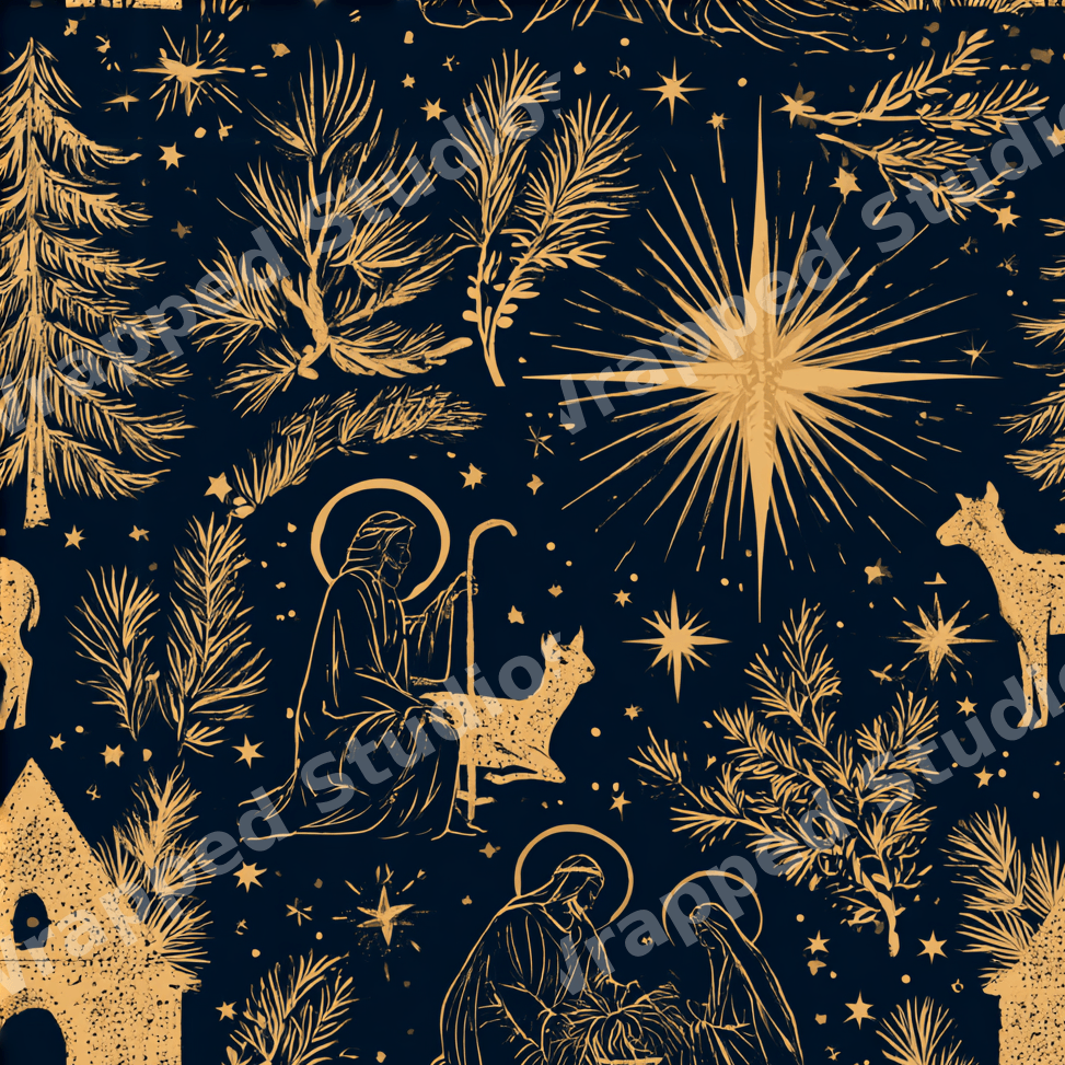 Vintage gold nativity pattern with celestial stars and pine branches on a dark navy background.