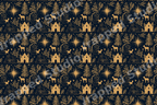 Gold vintage nativity pattern with Christmas stars and pine trees on a dark navy blue background.