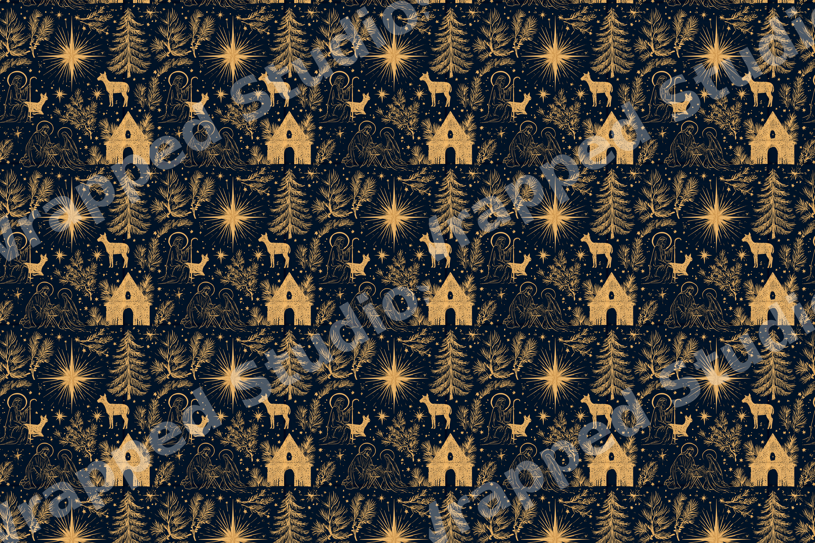Gold vintage nativity pattern with Christmas stars and pine trees on a dark navy blue background.