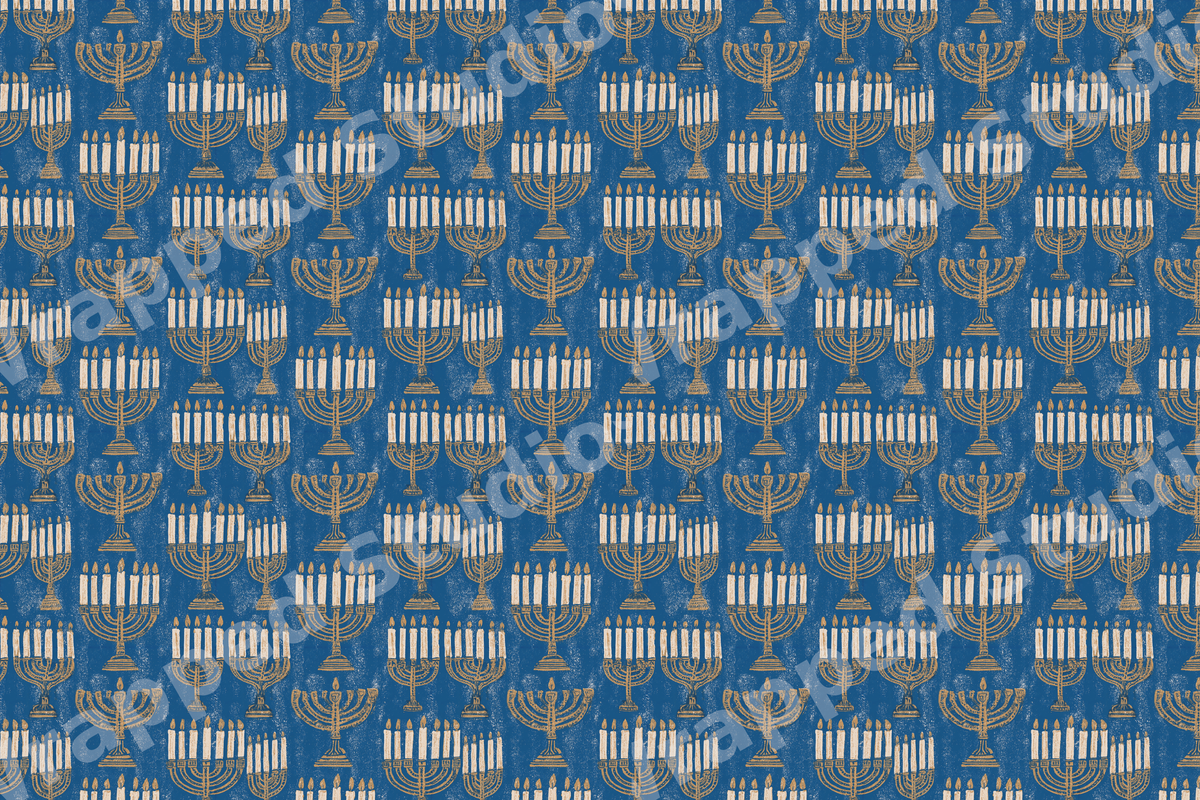 Vintage Hanukkah menorah pattern with gold candelabras and white candles on a royal blue background.